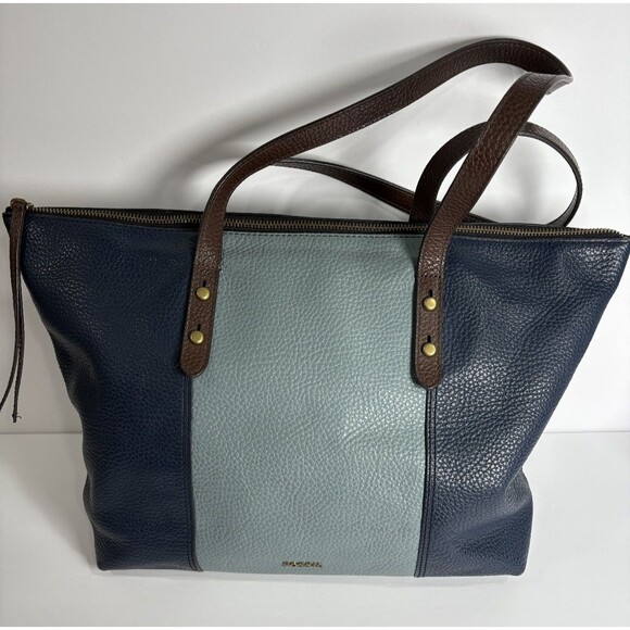 Fossil Jenna Color Block Pebbled Leather Shoulder Bag Tote Navy Blue Brown - Picture 2 of 10